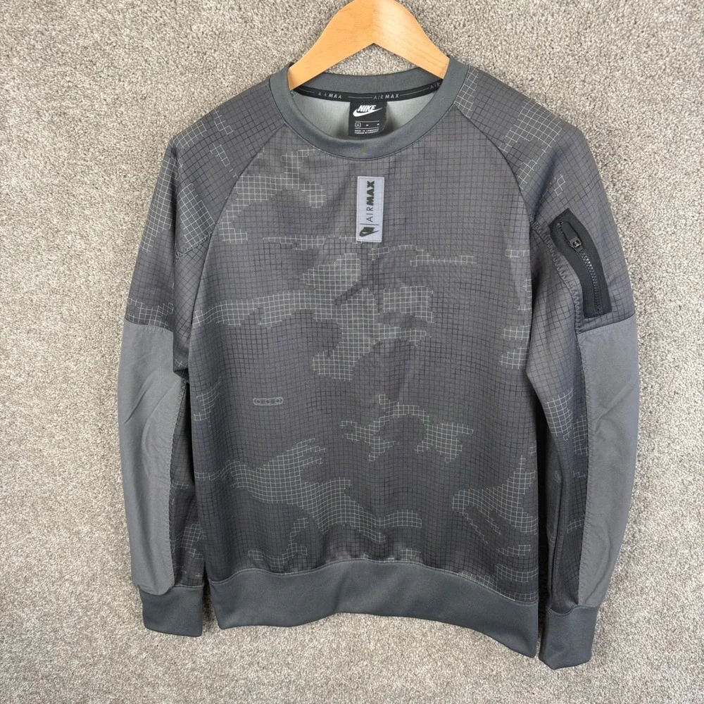 Nike Air Max Mens Grey Grid Camo Crewneck Sweatshirt Utility Arm Pocket Medium - Picture 2 of 7
